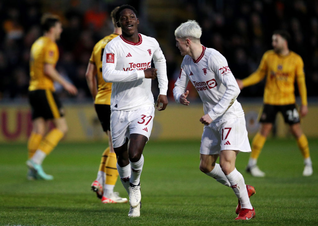 Kobbie Mainoo of Manchester United celebrates scoring his team's second goal with teammate Alejandro Garnacho during the Emirates FA Cup Fourth Rou...