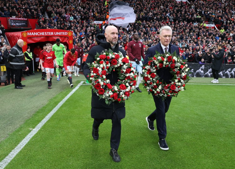 Manager Erik ten Hag of Manchester United and Manager David Moyes of West Ham United lay wreaths to mark the anniversary of the Munich Air Disaster...