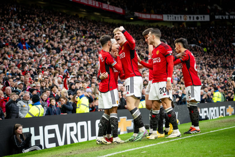 Alejandro Garnacho of Manchester United celebrates scoring their second goal during the Premier League match between Manchester United and West Ham...