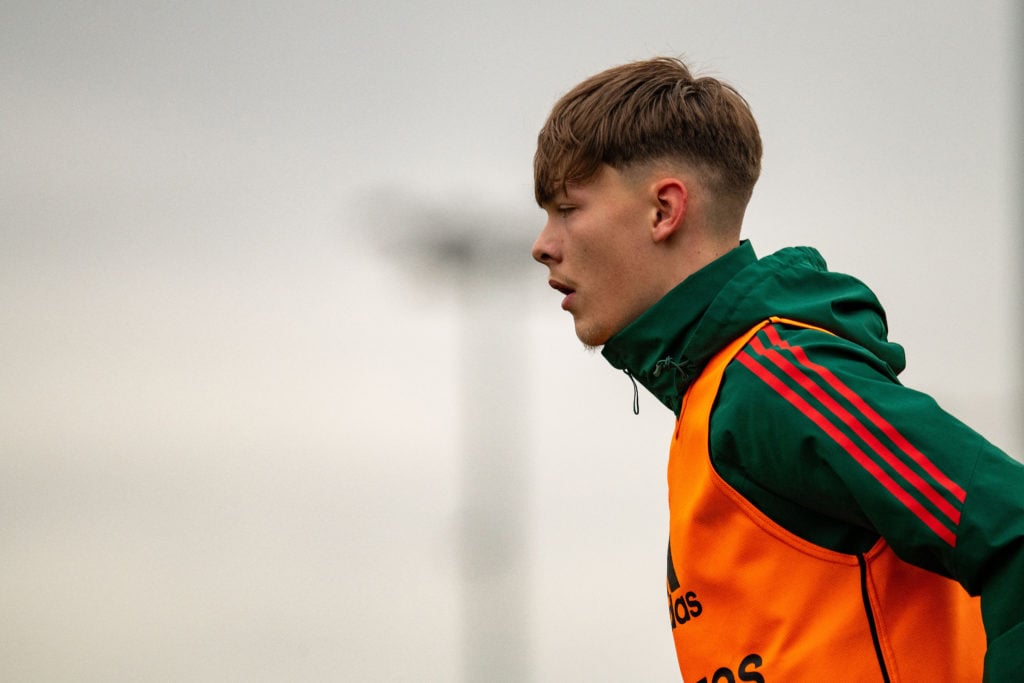 Sam Mather of Manchester United in action during a first team training session at Carrington Training Ground on February 05, 2024 in Manchester, En...