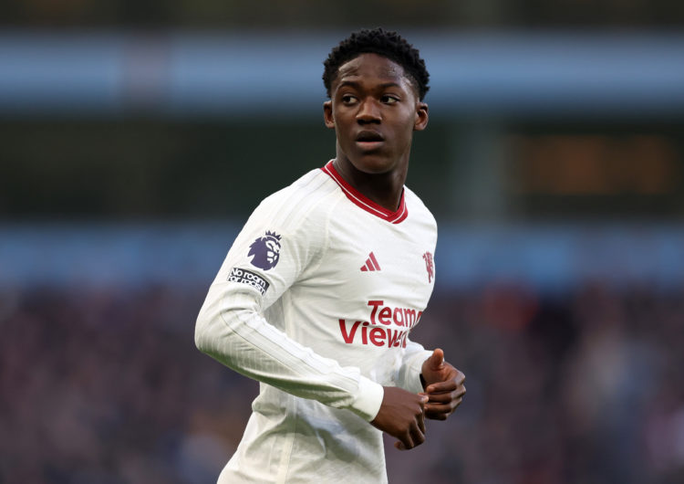 Kobbie Mainoo of Manchester United during the Premier League match between Aston Villa and Manchester United at Villa Park on February 11, 2024 in ...