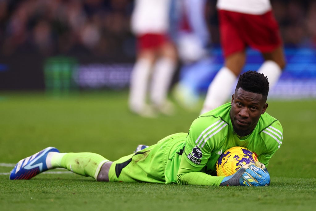 Andre Onana of Manchester United during the Premier League match between Aston Villa and Manchester United at Villa Park on February 11, 2024 in Bi...