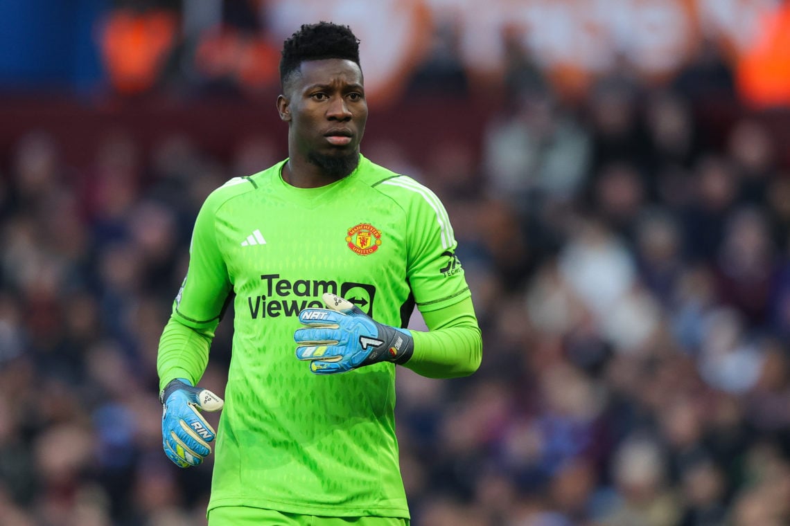 Andre Onana of Manchester United during the Premier League match between Aston Villa and Manchester United at Villa Park on February 11, 2024 in Bi...