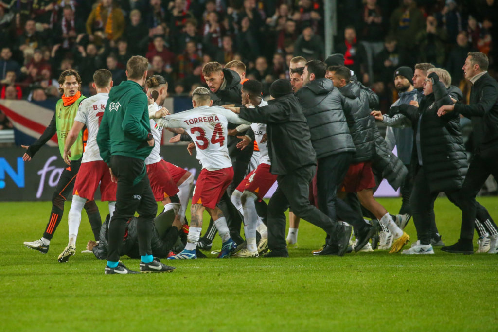 A fight breaks out between the two teams at the end of the match the UEFA Europa League 2022/24 match between Galatasaray A.S. and AC Sparta Prag a...