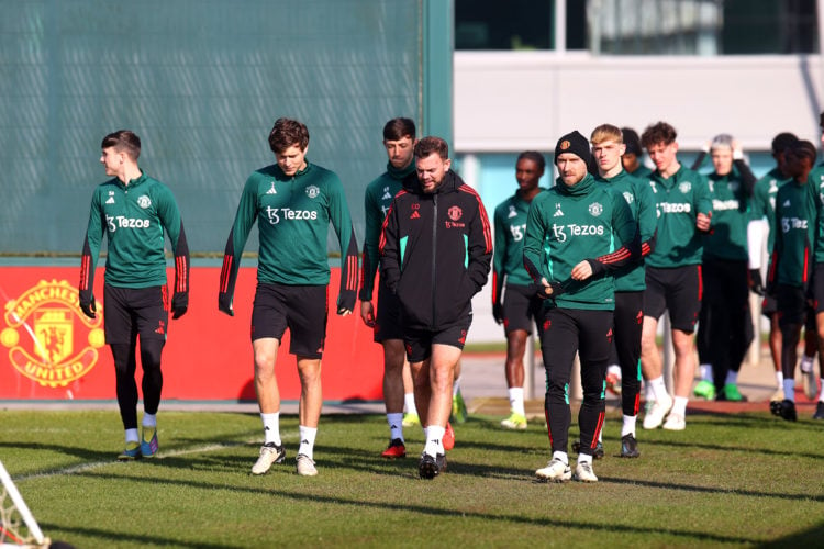 Charlie McNeill, Victor Lindelof, Sonny Aljofree, Christian Eriksen , Toby Collyer of Manchester United in action during a first team training sess...