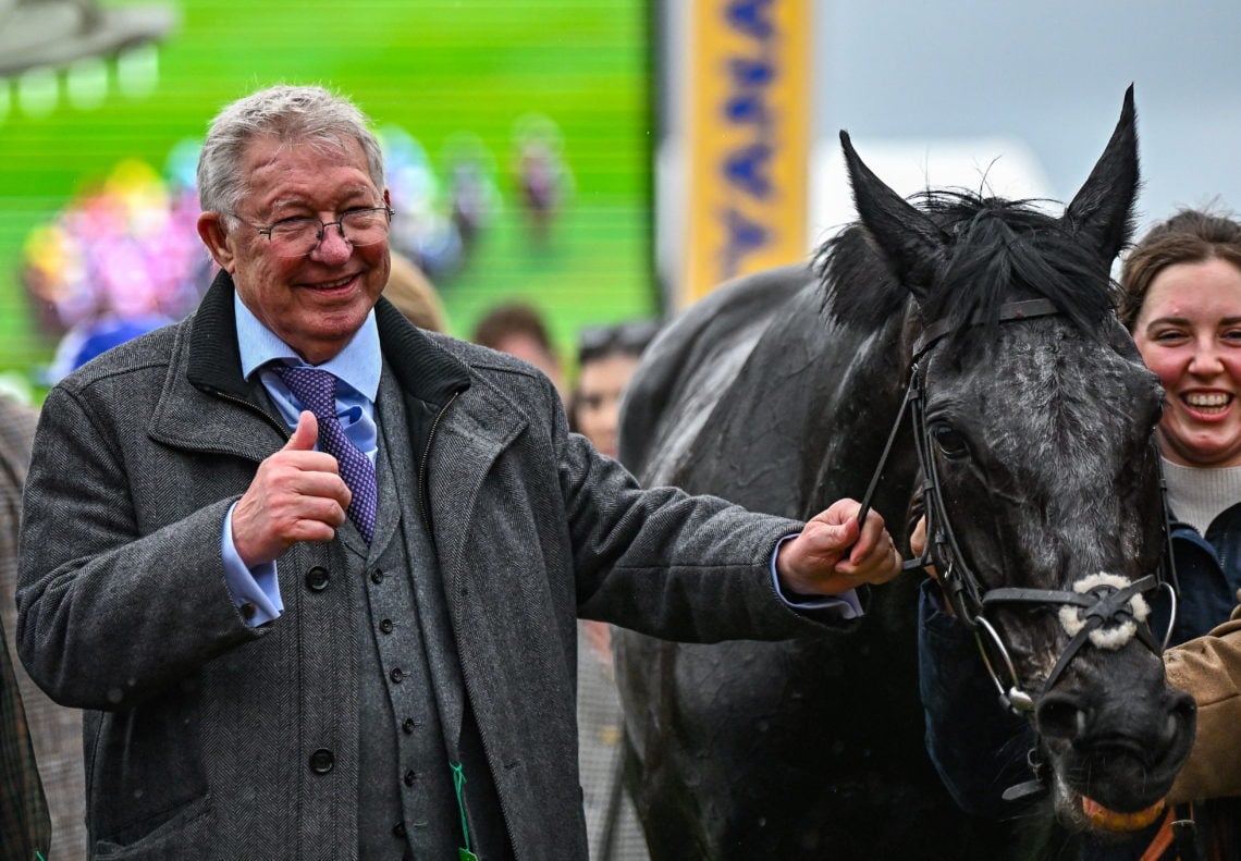 Gloucestershire , United Kingdom - 14 March 2024; Owner Sir Alex Ferguson celebrates with Monmiral after victory in the Pertemps Handicap Hurdle on...