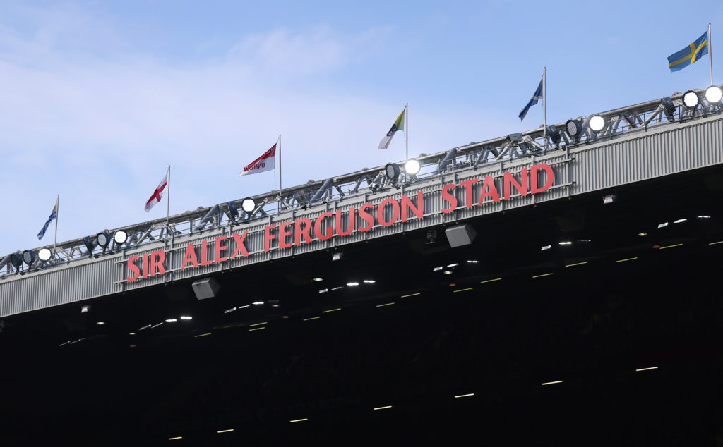 The Sir Alex Ferguson stand is seen during the Premier League match between Manchester United and Everton FC at Old Trafford on March 09, 2024 in M...