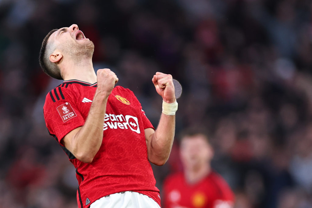 Diogo Dalot of Manchester United celebrates during the Emirates FA Cup Quarter Final fixture between Manchester United and Liverpool at Old Traffor...