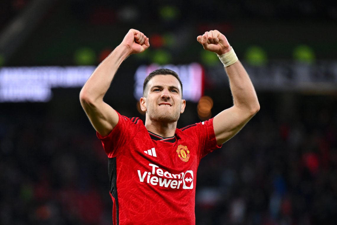 Diogo Dalot of Manchester United celebrates victory after the Emirates FA Cup Quarter Final between Manchester United and Liverpool FC at Old Traff...