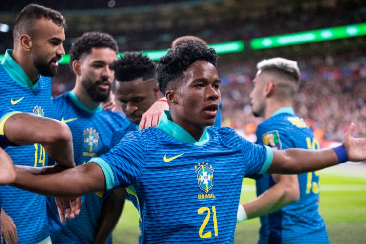 Endrick #21 of Brazil is celebrating his goal during the International Friendly match between England and Brazil at Wembley Stadium in London, on M...