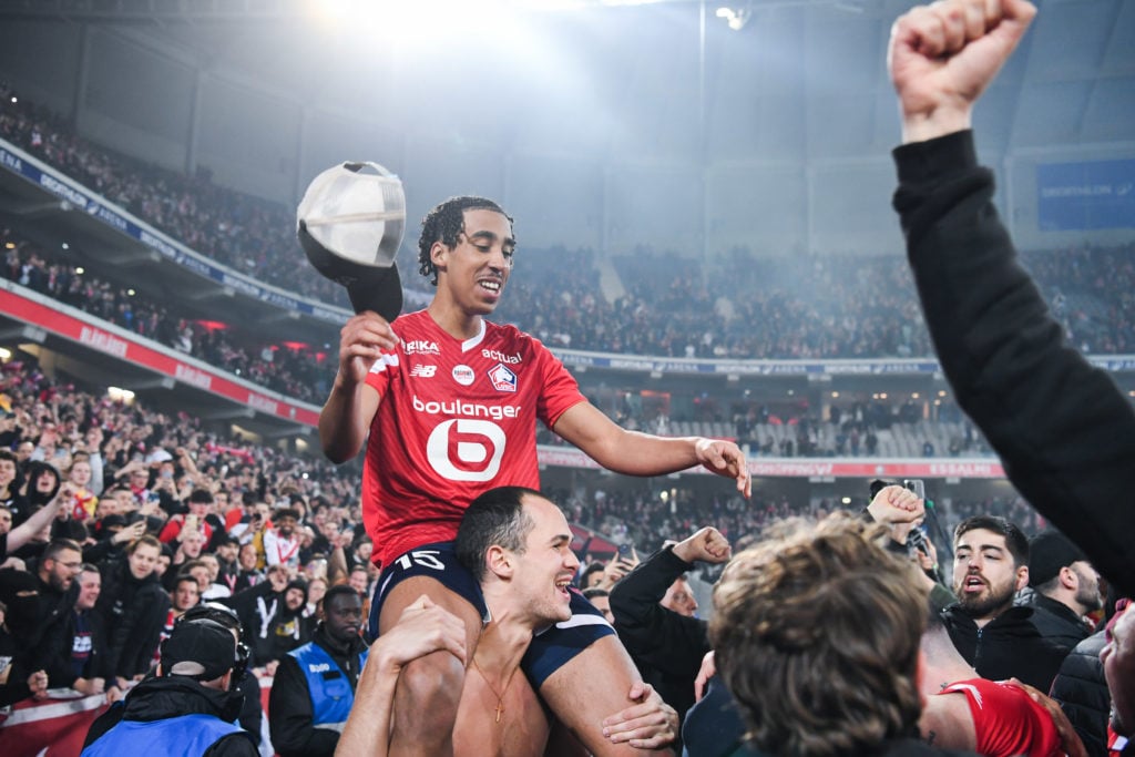 Leny YORO of Lille during the Ligue 1 Uber Eats match between Lille and Lens at Stade Pierre Mauroy on March 29, 2024 in Lille, France.