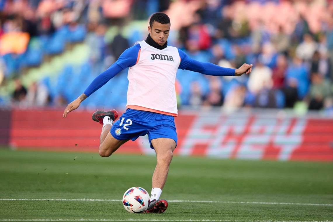 Mason Greenwood of Getafe CF warms up prior to the LaLiga EA Sports match between Getafe CF and Girona FC at Coliseum Alfonso Perez on March 16, 20...