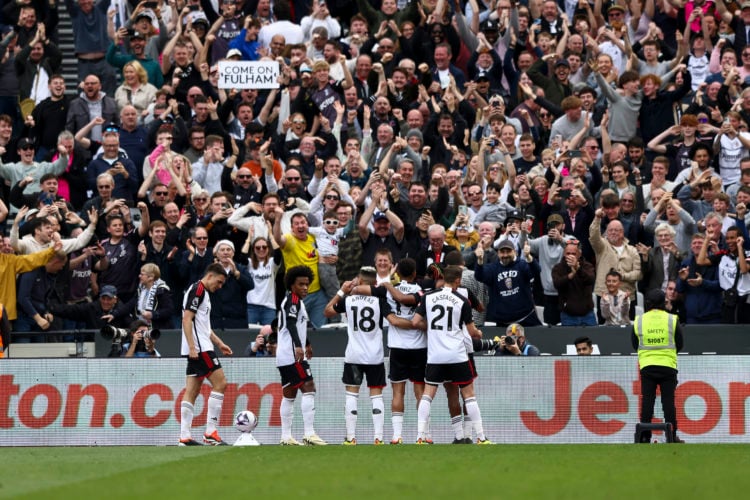 Andreas Pereira of Fulham is celebrating his second goal during the Premier League match between West Ham United and Fulham at the London Stadium i...