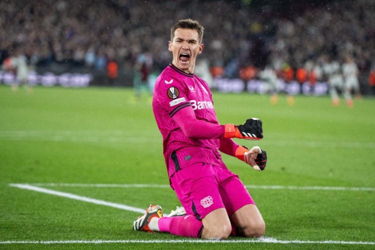 Matej Kovar of Bayer 04 Leverkusen celebrates after his team scores a goal during the UEFA Europa League 2023/24 Quarter-Final second leg match bet...