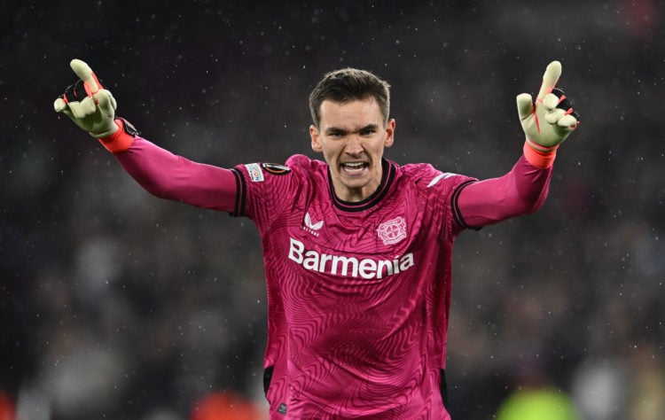 Matej Kovar of Bayer 04 Leverkusen celebrates after a goal scored by Jeremie Frimpong during the UEFA Europa League 2023/24 Quarter-Final second le...