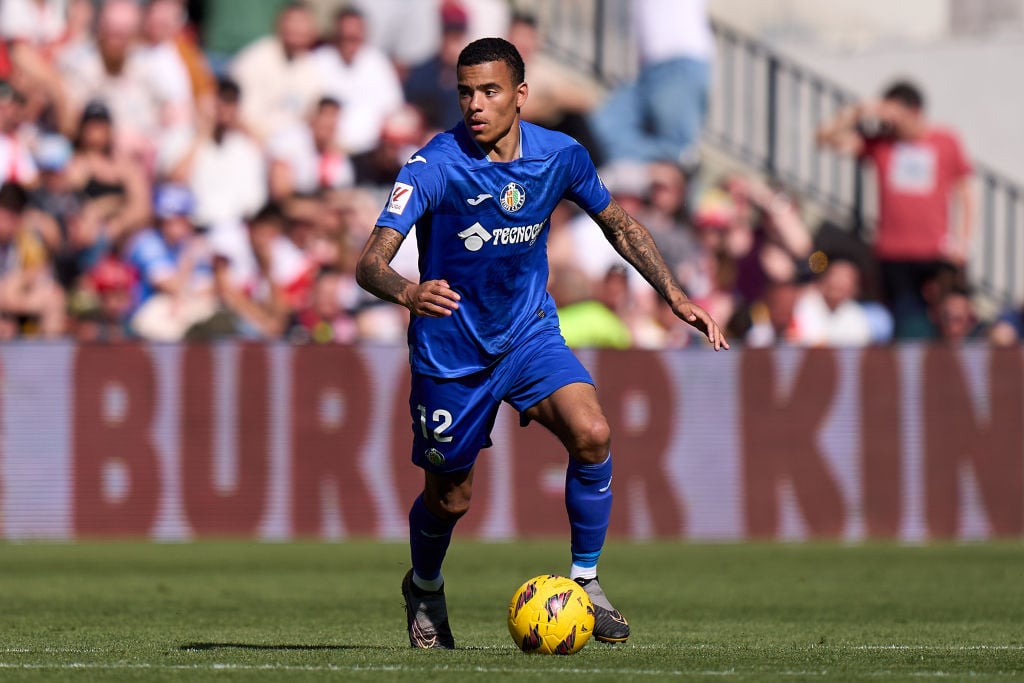 Mason Greenwood of Getafe CF controls the ball during the LaLiga EA Sports match between Rayo Vallecano and Getafe CF at Estadio de Vallecas on Apr...