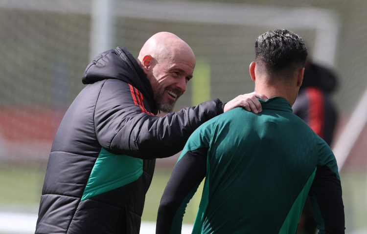 (EXCLUSIVE COVERAGE)  Manager Erik ten Hag, Antony of Manchester United in action during a first team training session at Carrington Training Groun...