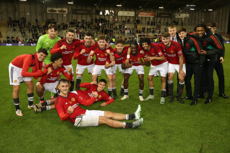 The Manchester United U18 players celebrate victory at the end of the U18 Premier League Cup Final match between Manchester United U18 and Manchest...