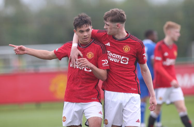 Jack Fletcher & Gabriele Biancheri of Manchester United celebrate during the U18 Premier League match between Manchester United U18 and Everton...