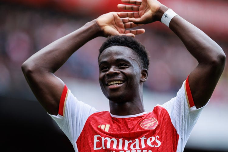 Bukayo Saka of Arsenal celebrates scoring a goal during the Premier League match between Arsenal FC and AFC Bournemouth at Emirates Stadium on May ...