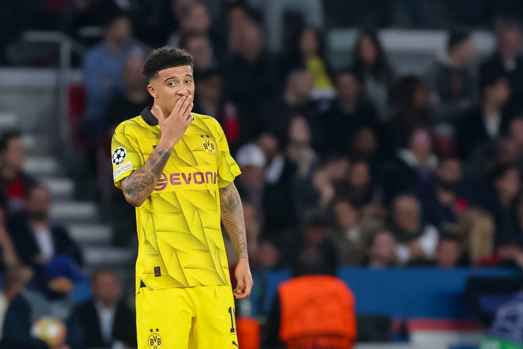 Jadon Sancho of Borussia Dortmund looks on during the UEFA Champions League semi-final second leg match between Paris Saint-Germain and Borussia Do...