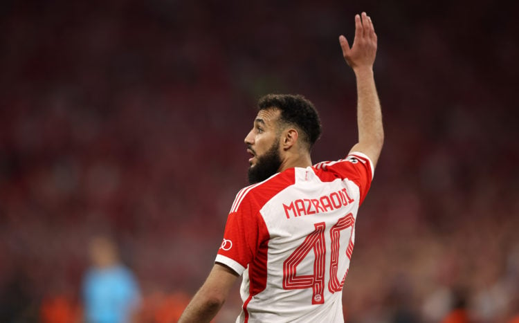 Noussair Mazraoui of FC Bayern Muenchen reacts during the UEFA Champions League semi-final first leg match between FC Bayern München and Real Madri...