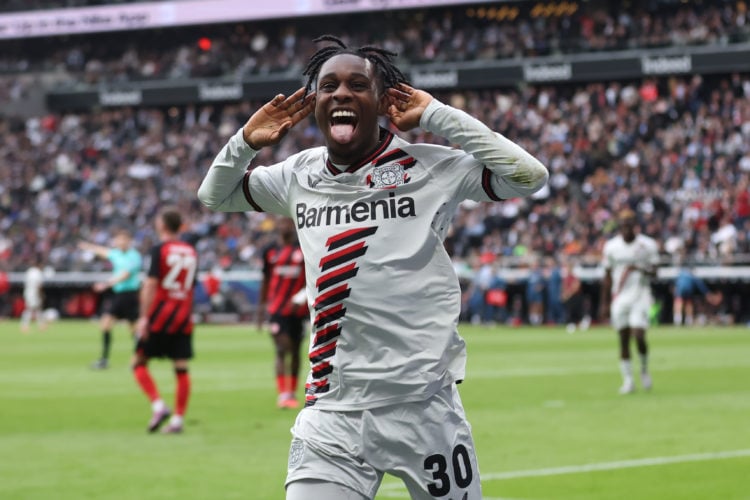 Jeremie Frimpong of Bayer Leverkusen celebrates scoring his team's fourth goal during the Bundesliga match between Eintracht Frankfurt and Bayer 04...