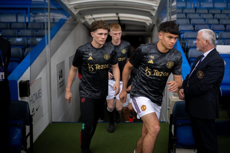 Gabriele Biancheri, Jacob Devaney and Zach Baumann of Manchester United U18 warm up ahead of the U18 Premier League Final match between Chelsea U18...