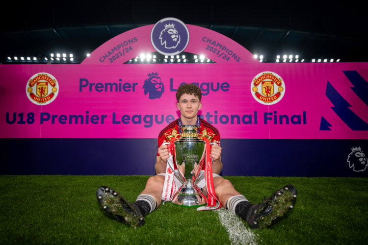 Jacob Devaney of Manchester United U18 celebrate winning the U18 Premier League Final between Chelsea U18 and Manchester United U18 at Stamford Bri...