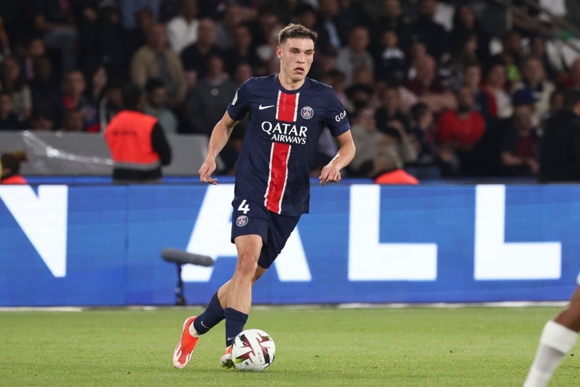 Manuel Ugarte #4 of Paris Saint-Germain controls the ball during the Ligue 1 Uber Eats match between Paris Saint-Germain and Toulouse FC at Parc de...