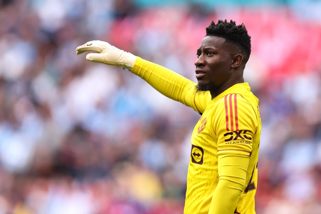 Andre Onana of Manchester United during the Emirates FA Cup Final match between Manchester City and Manchester United at Wembley Stadium on May 25,...