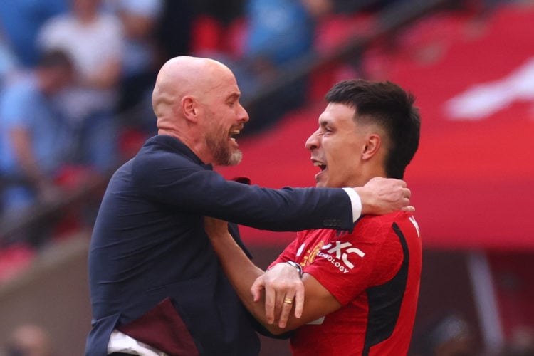 Erik ten Hag Manager/Head Coach of Manchester United celebrates with Lisandro Martínez as the full time whistle blows after the Emirates FA Cup Fin...