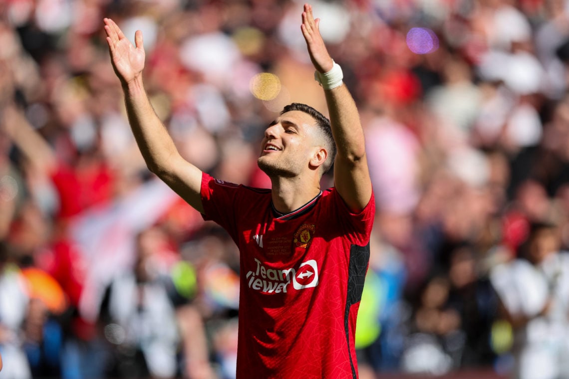 Manchester United's Diogo Dalot celebrates after the Emirates FA Cup Final match between Manchester City and Manchester United at Wembley Stadium o...