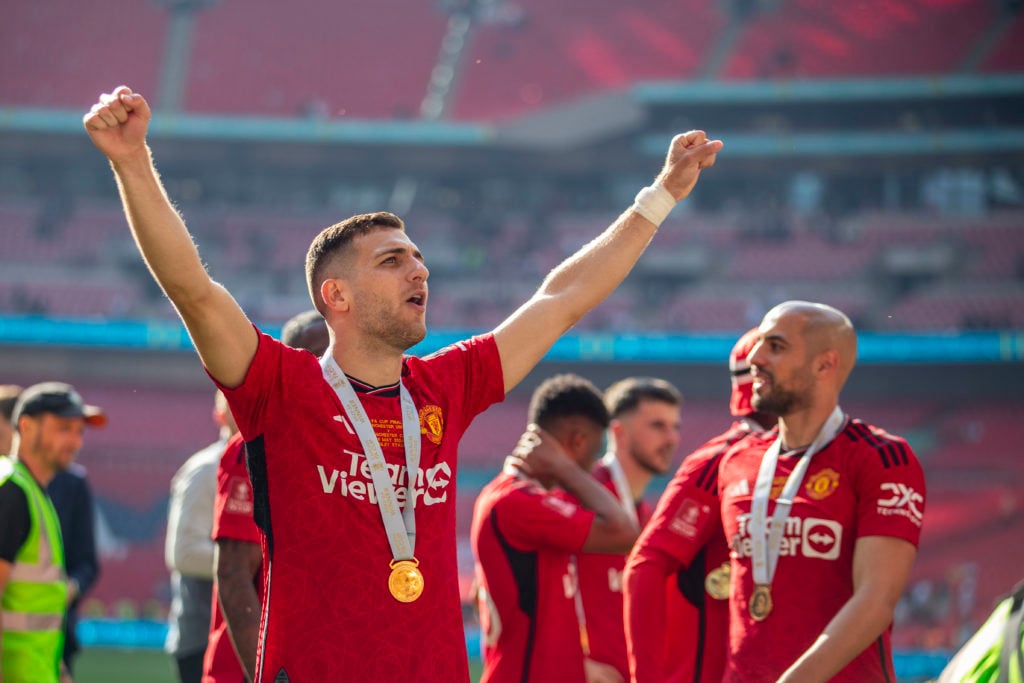 Diogo Dalot #20 of Manchester United is celebrating at full time during the FA Cup Final between Manchester City and Manchester United at Wembley S...