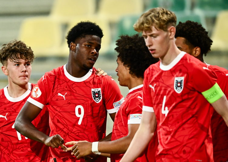 Oghenetejiri Adejenughure of Austria, 9, celebrates scoring his side's first goal during the UEFA European Under-17 Championship 2023/2024 Quarter-...