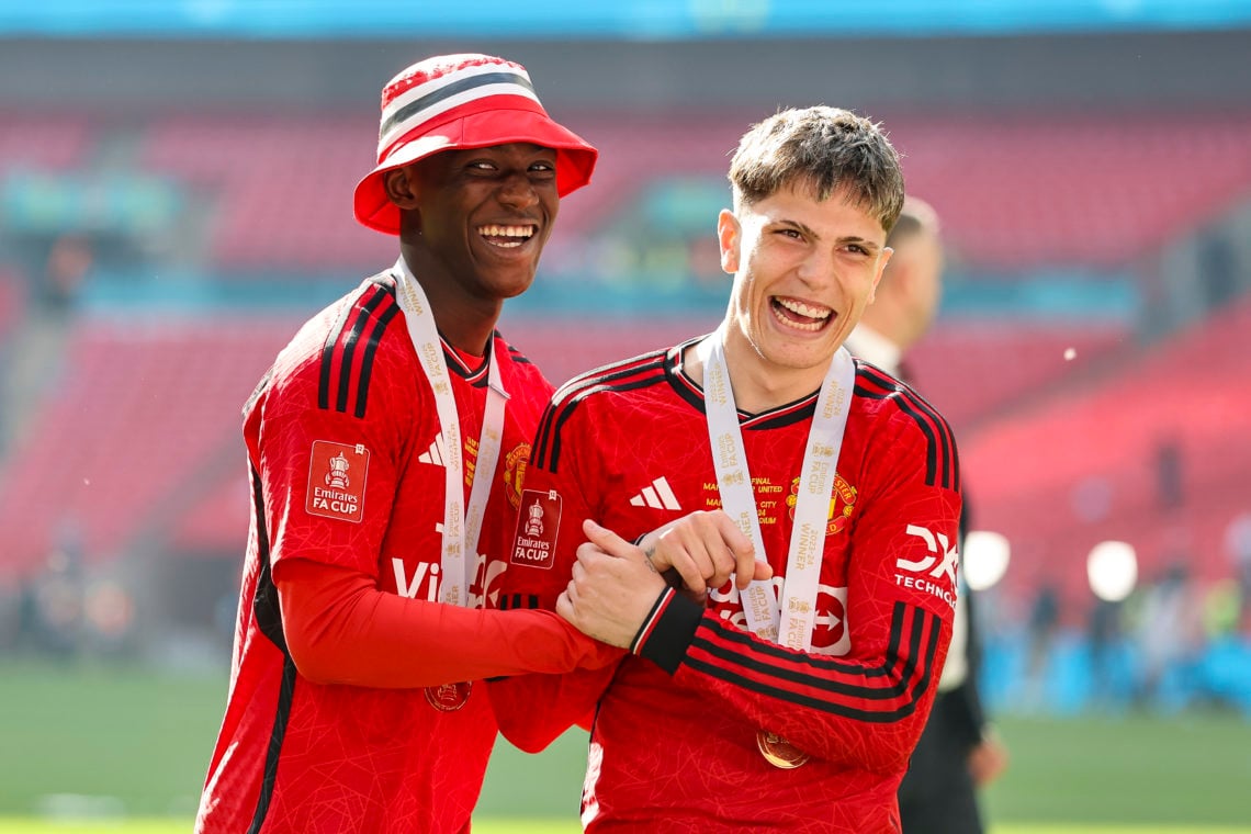 Goal-scorers Kobbie Mainoo and Alejandro Garnacho of Manchester United after their sides 2-1 win during the Emirates FA Cup Final match between Man...