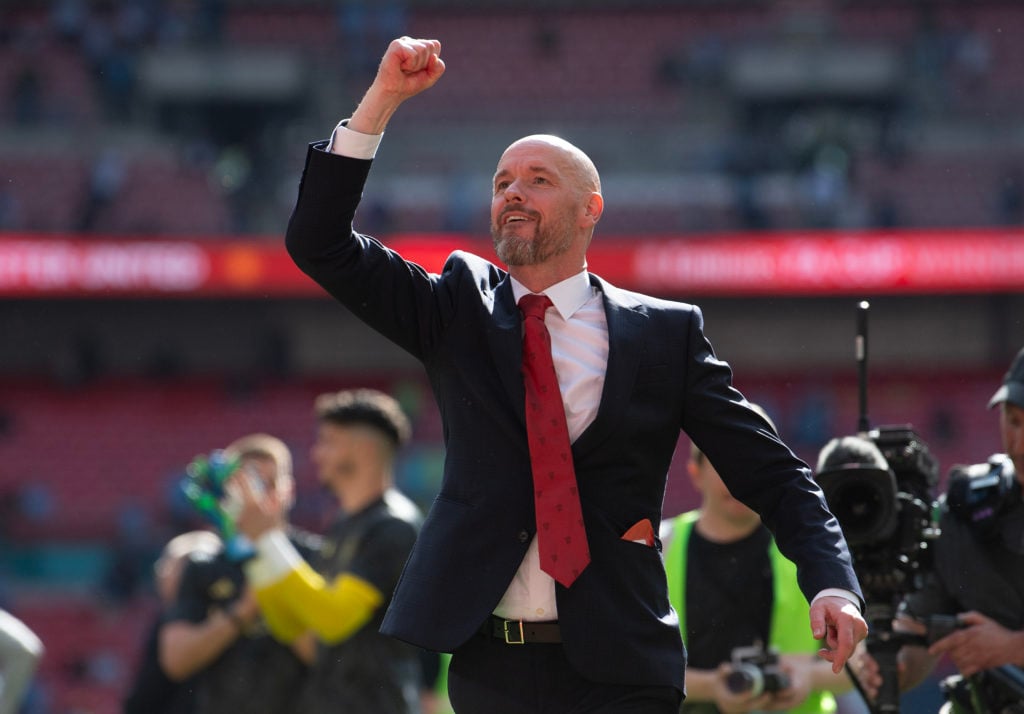 Manchester United Erik ten Hag celebrates after winning the Emirates FA Cup Final match between Manchester City and Manchester United at Wembley St...