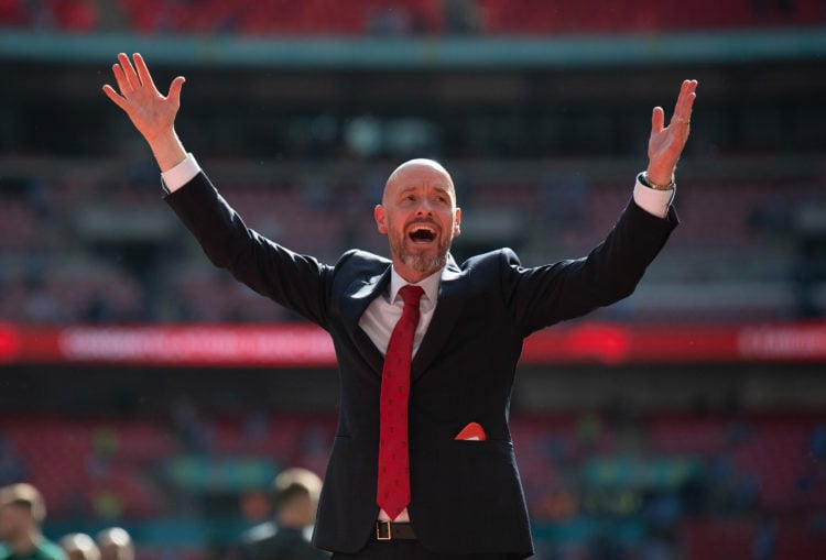 Manchester United Erik ten Hag celebrates after winning the Emirates FA Cup Final match between Manchester City and Manchester United at Wembley St...