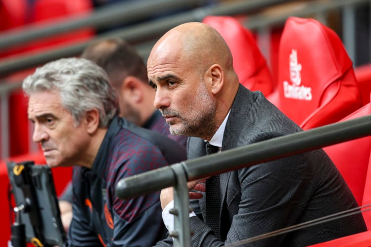 Head Coach Pep Guardiola of Manchester City during the Emirates FA Cup Final match between Manchester City and Manchester United at Wembley Stadium...