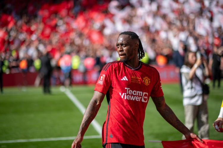 Aaron Wan-Bissaka of Manchester United celebrates winning the Emirates FA Cup Final match between Manchester City and Manchester United at Wembley ...