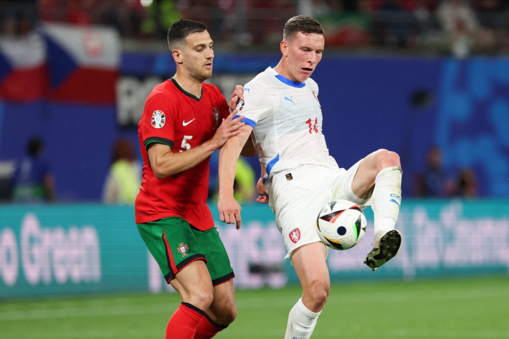 Diogo Dalot (L) of Portugal is seen in action against Luká Provod (R) of Czech Republic during the UEFA Euro 2024 match between Portugal VS Czech R...