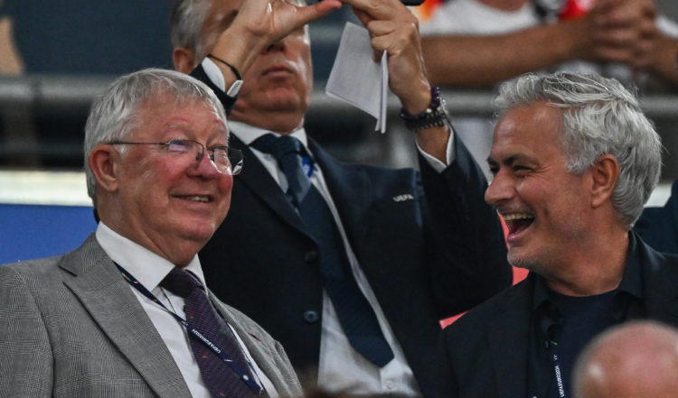 Alex Ferguson and Jose Mourinho watching together the UEFA EURO 2024 group stage match between Germany and Scotland at Munich Football Arena on Jun...