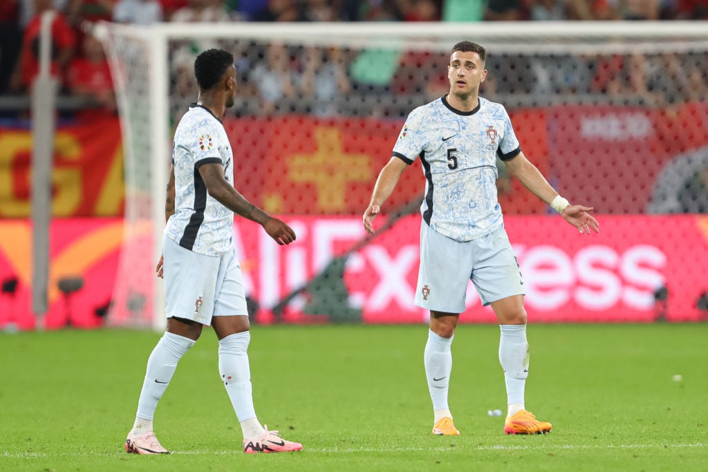 Diogo Dalot of Portugal gestures during the UEFA EURO 2024 group stage match between Georgia and Portugal at Arena AufSchalke on June 26, 2024 in G...