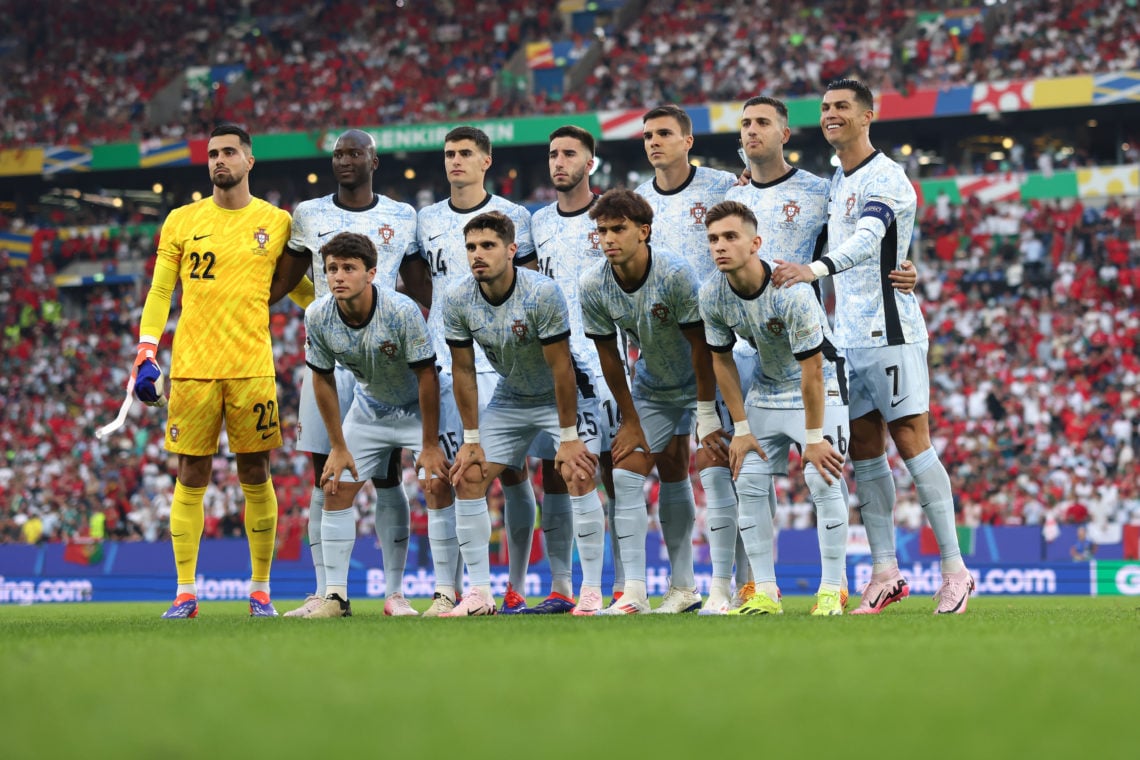 The Portugal starting eleven line up for a team photo prior to kick off, back row ( L to R ); Diogo Costa, Danilo Pereira, Antonio Silva, Goncalo I...