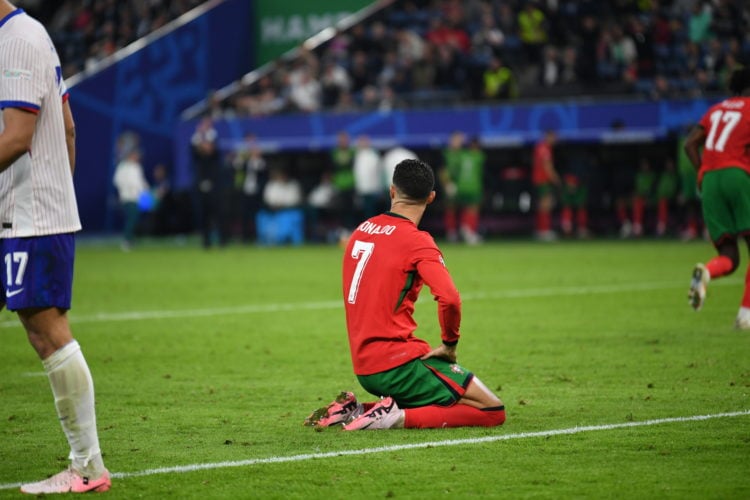 Cristiano Ronaldo of Portugal reacts during the UEFA EURO 2024 quarter-final match between Portugal and France at Volksparkstadion on July 5, 2024 ...