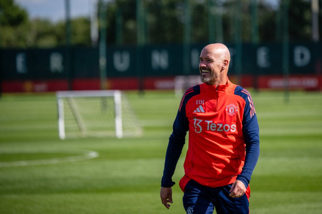 (EXCLUSIVE COVERAGE)  Manager Erik ten Hag of Manchester United in action during a first team training session at Carrington Training Ground on Jul...