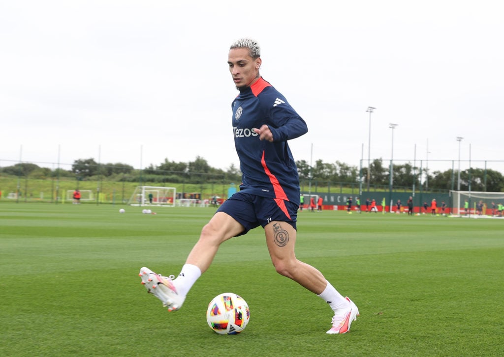 (EXCLUSIVE COVERAGE)  Antony of Manchester United in action during a first team training session at Carrington Training Ground on July 11, 2024 in ...