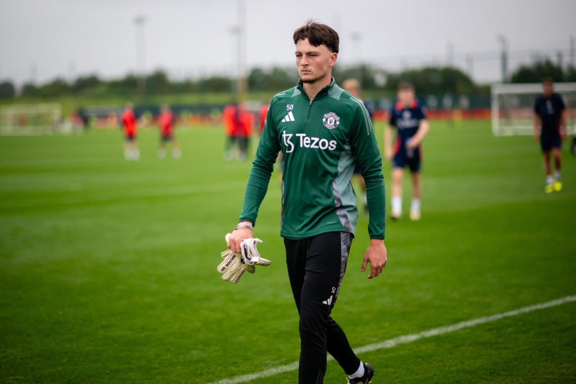 Elyh Harrison of Manchester United in action during a first team pre-season training session at Carrington Training Ground on July 11, 2024 in Manc...