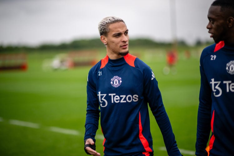 Antony and Aaron Wan-Bissaka of Manchester United in action during a first team pre-season training session at Carrington Training Ground on July 1...