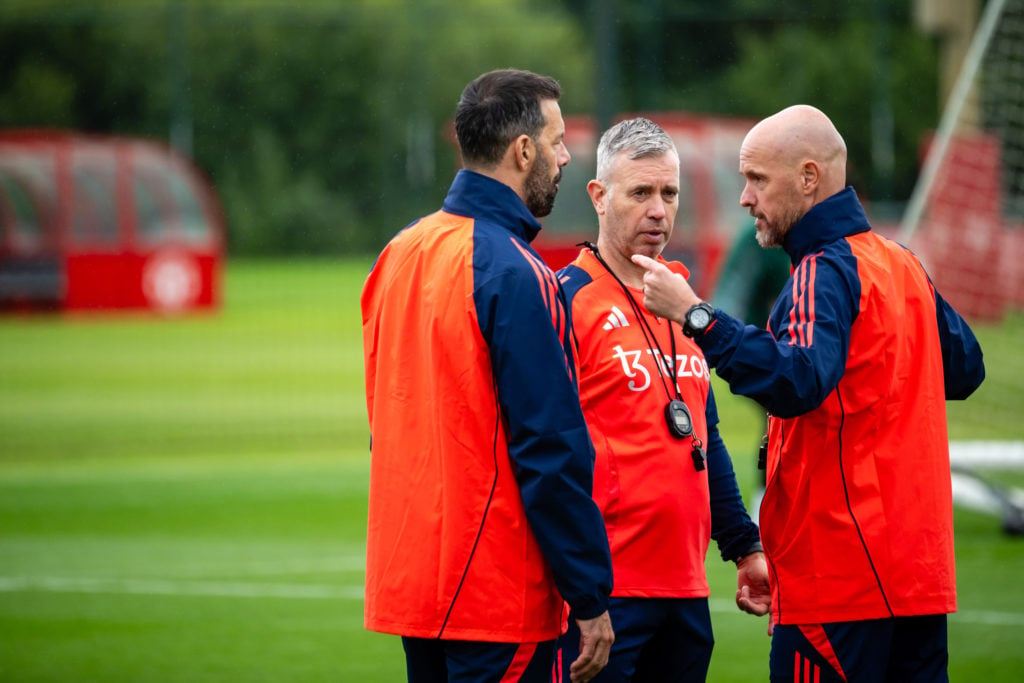 Manager Erik ten Hag, Assistant Manager Ruud van Nistelrooy and Assistant Manager Rene Hake of Manchester United in action during a first team pre-...